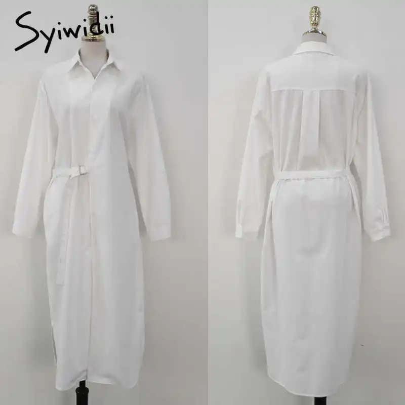 

Shirt Dress with Belt Turn Down Collar Long Sleeve Work Dress for Women Black White Loose Casual Long Dresses 2021 New