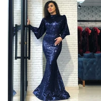 uzn dark navy sequined mermaid prom dress o neck puffy sleeves evening dress simple trumpet prom gowns