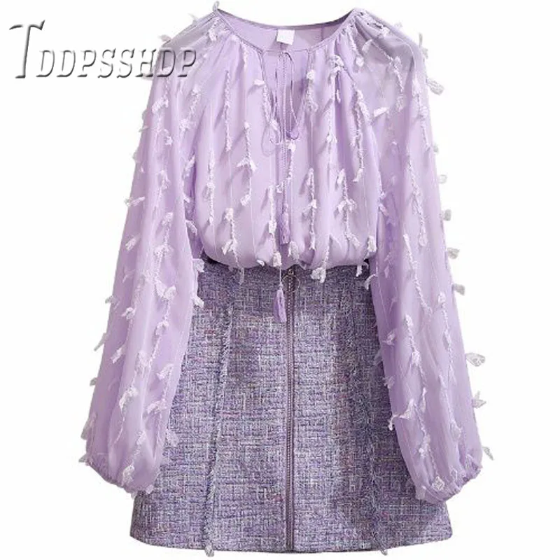 Женский комплект из блузки и юбки фиолетового цвета новинка весны 2019| |