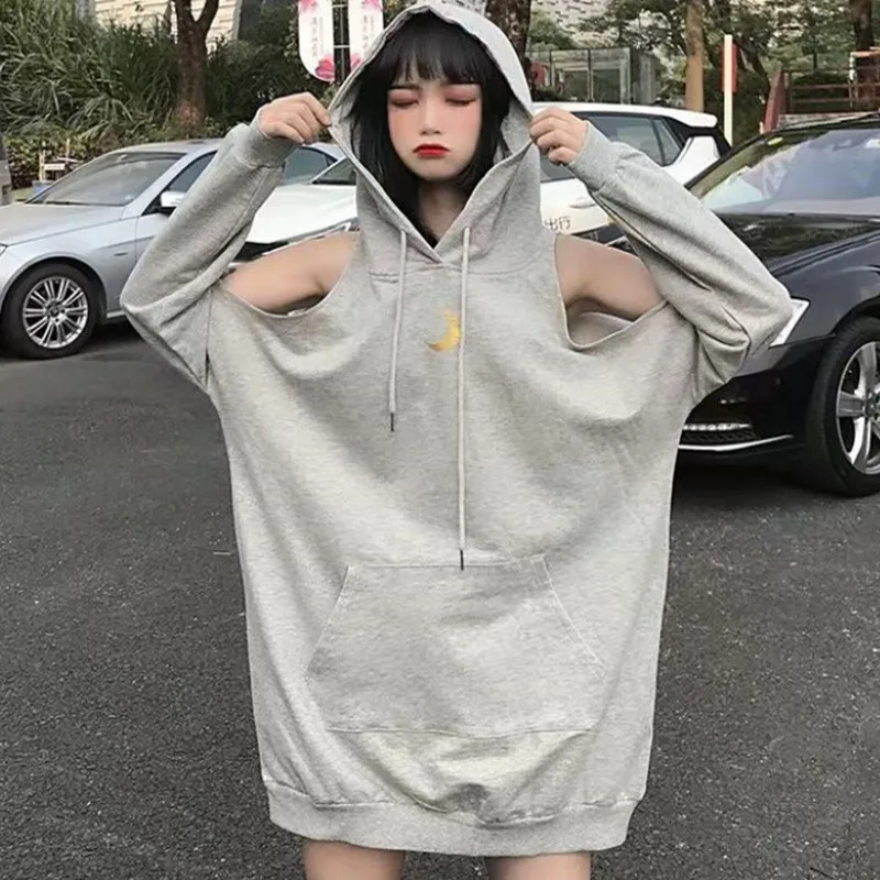 Черная серая толстовка с капюшоном оверсайз Женская Толстовка Harajuku уличная толстовка с капюшоном для женщин модная Корейская Moon Printng Толстовка для женщин - Цвет: Серый