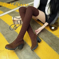 womans over the knee boots leather zipper thin elasticity flat bottomed long high barrel elastic stocking boots platform boots