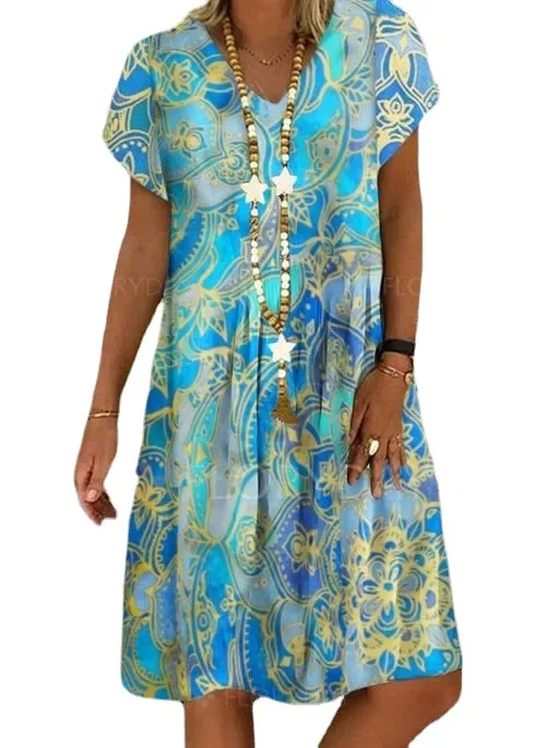 

2021 Summer Women's New V-neck Printed Temperament Commuter Short Sleeve Dress
