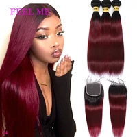 feelme 1b99j ombre human hair bundles with closure burgundy peruvian straight hair 34 bundles with closure 4x4 lace closure