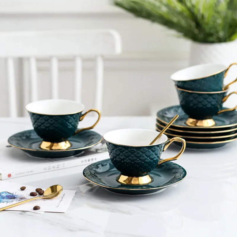 

European embossed ceramic coffee cup and saucer set with tray spoon mug