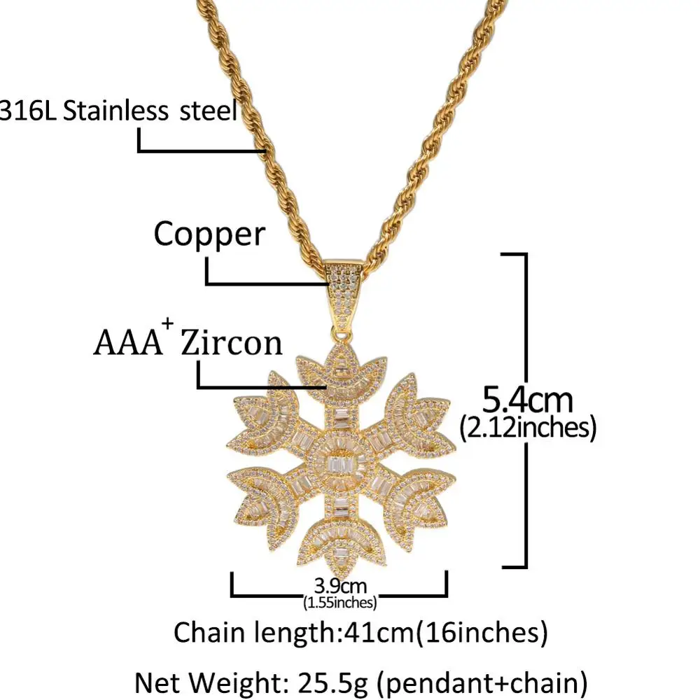 

Fashion Iced Out Bling Bling Cubic Zirconia Snowflake Shape Pendant Necklace For Men Women Gold/Silver Color Hip Hop Jewelry