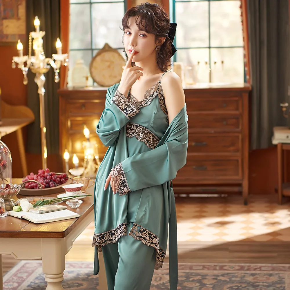 

Women Sexy Pajamas Set Spring Summer 3PCS Sleepwear Spring Summer Hollow Perspective Lace Robe Pijamas Suit Loose Satin Homewear