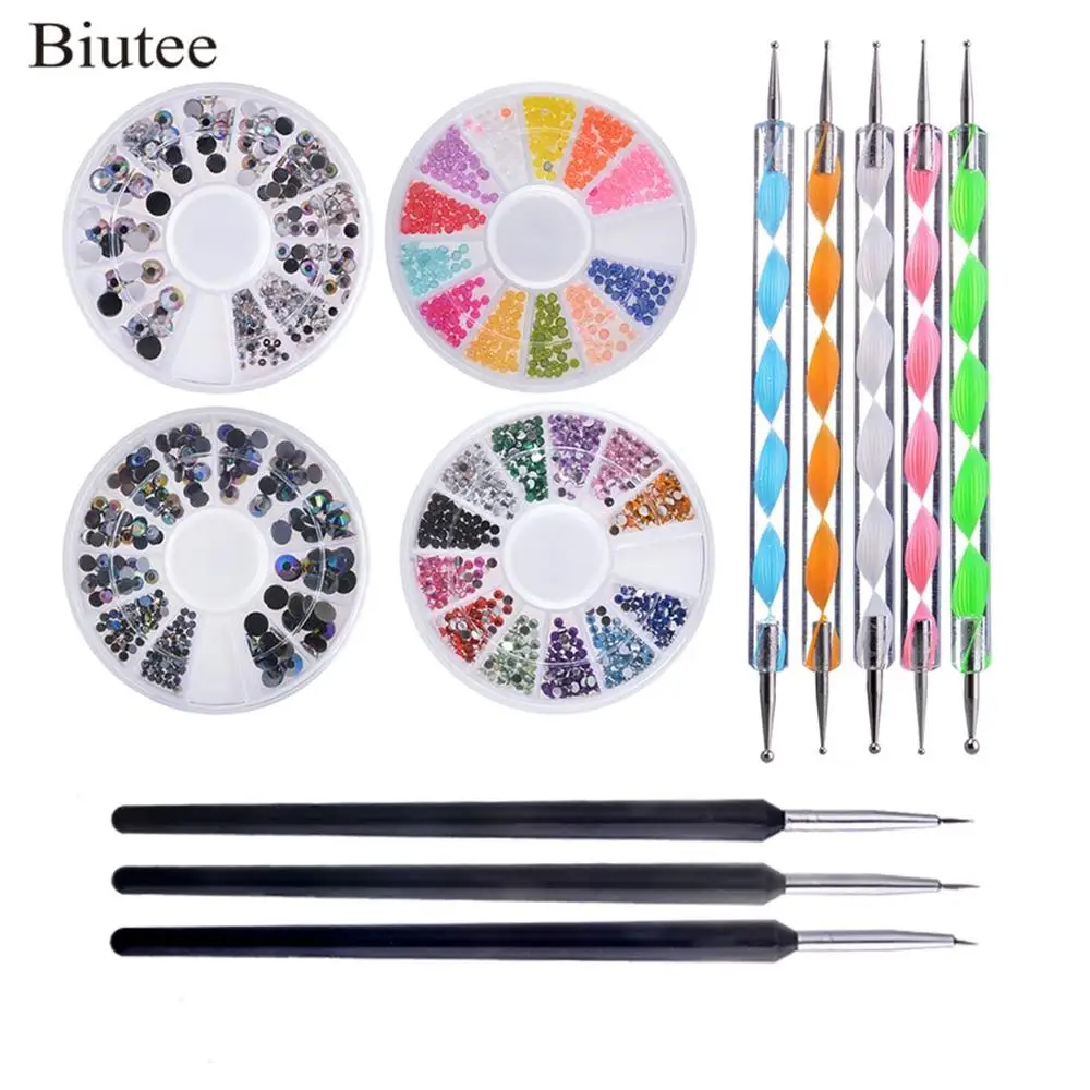 Biutee 12pcs Pro Nail Art Set Kit 4 wheels Multicolor bright nails wooden decoration Nail Art brushes pointed punches Kit tools