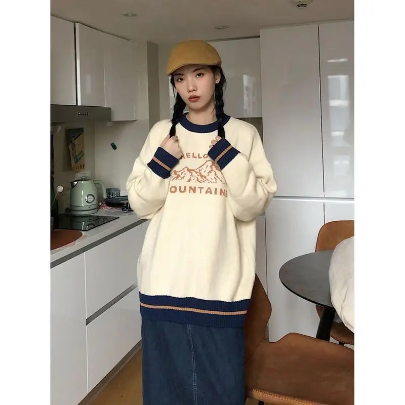 

Женский свободный свитер в стиле ретро, Универсальный японский пуловер с круглым вырезом, Осень-зима 2022