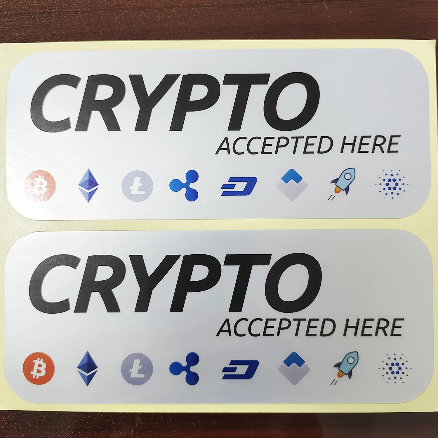 60 pcs 15x6cm CRYPTO accepted here Self-adhesive durable silver PET label sticker,Item No. FS27