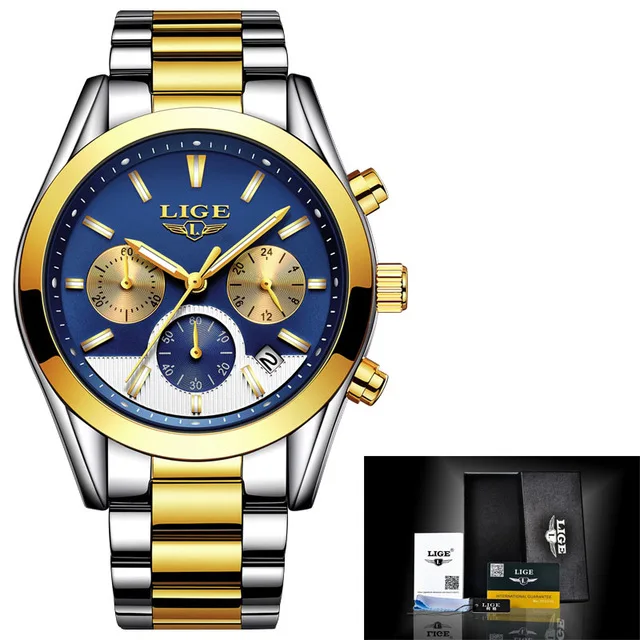 Montre Homme Часы для мужчин люксовый бренд LIGE Хронограф Мужские спортивные часы водонепроницаемые полностью Стальные кварцевые мужские часы Relogio Masculino - Цвет: steel Gold blue