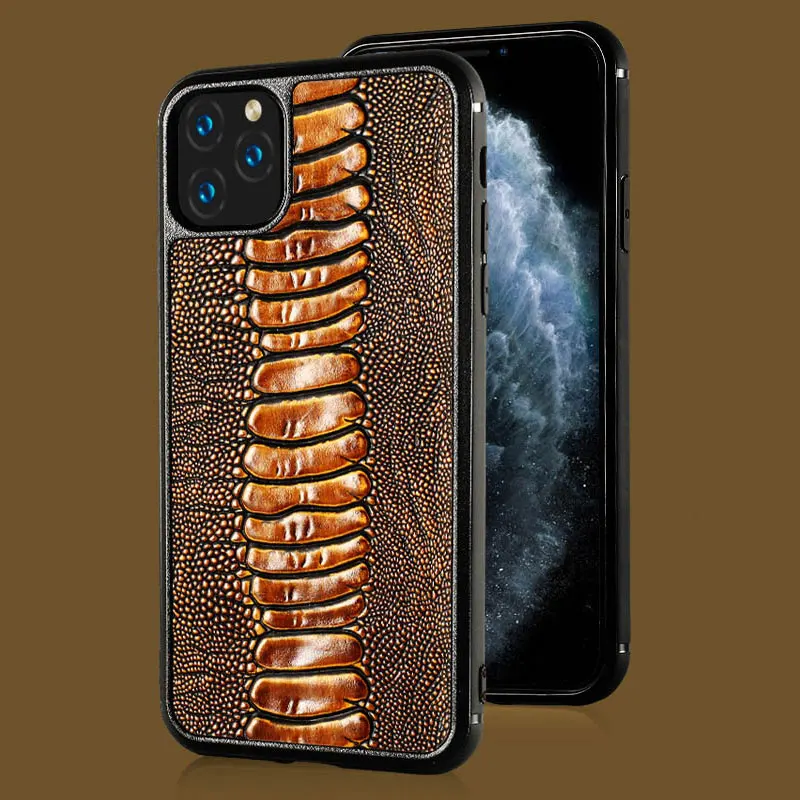 

Luxury Genuine Cow Leather Case For Apple iPhone 13 Pro Max 12 Mini 11 XS Retro Vintage Ostrich Feet Grain Full Armor Back Cover