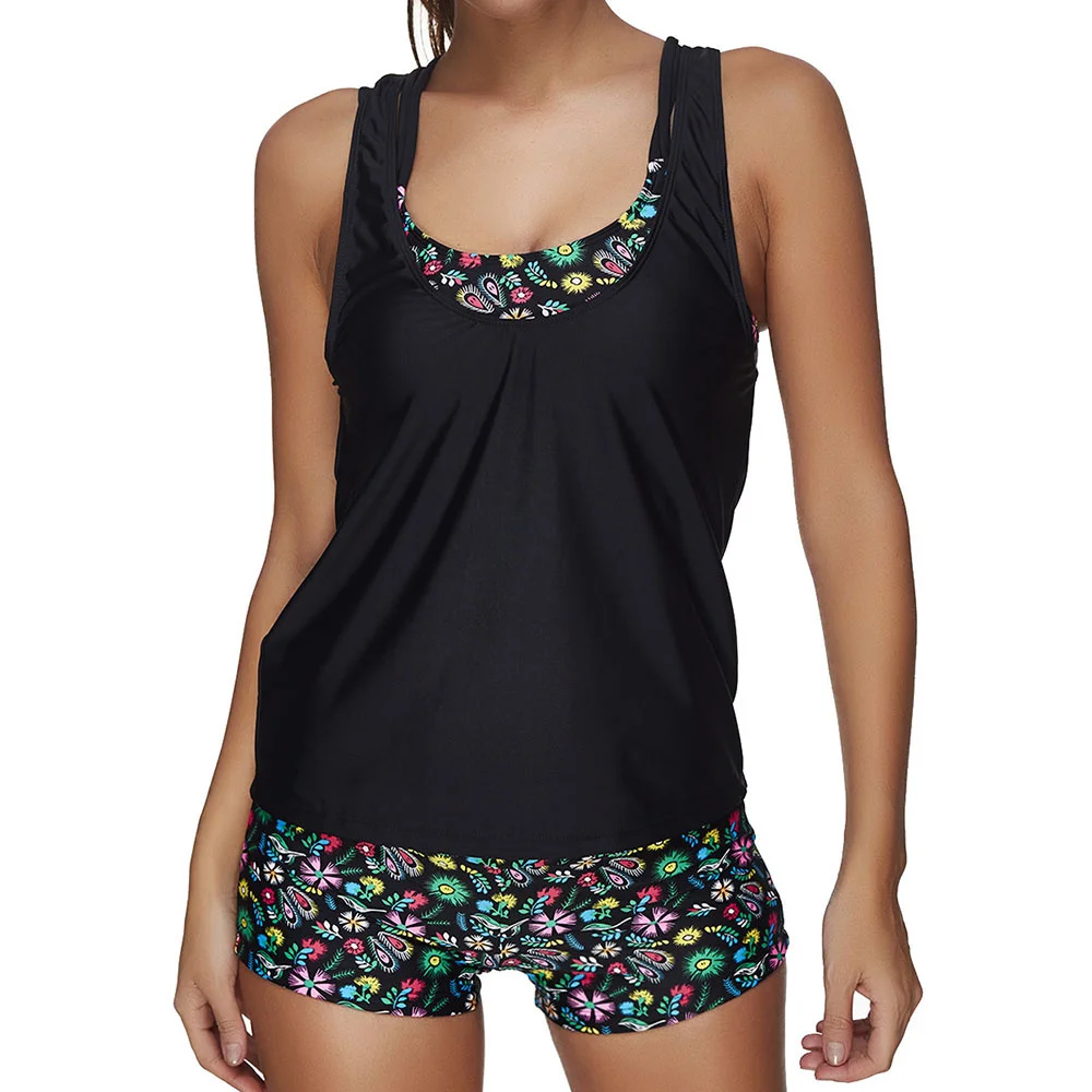 

Plus Size Two Piece Swimsuit Print Swimwear Women Shorts Tankini Push Up Bathing Suit Three Piece Bikini Vest Swim Suits Black