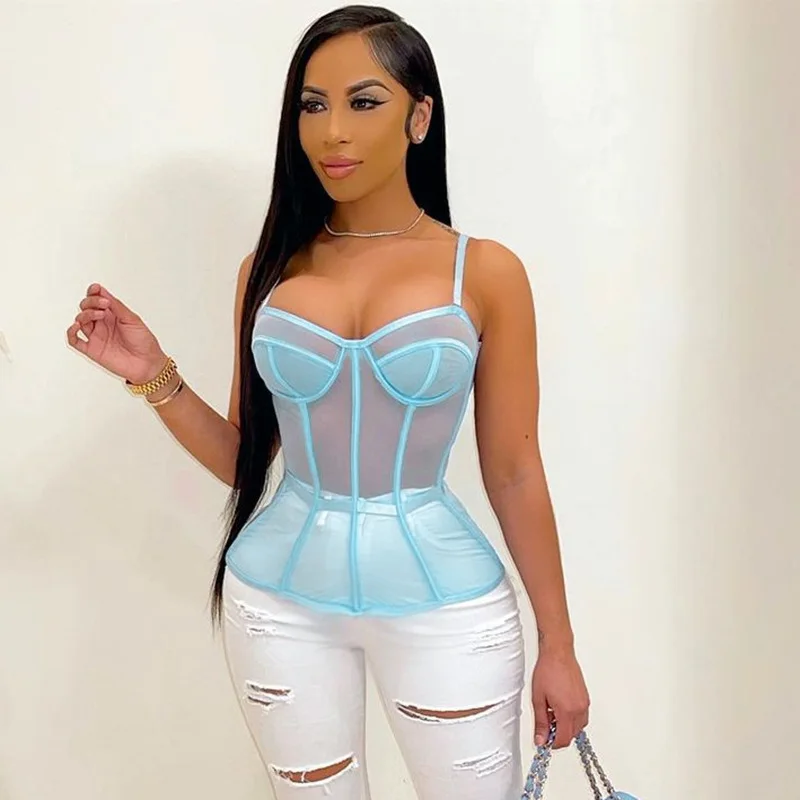 

Summer 2021 Solid Mesh Patchwork T-shirt Sexy Sleeveless Backless Strap Tee Women Fashion Night Club Party Corset Tops