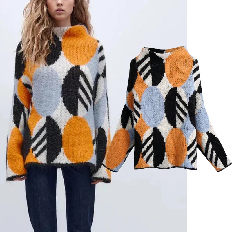 

Женский трикотажный жаккардовый свитер Za, теплые кашемировые пальто оверсайз с круглым вырезом, повседневные Мягкие Топы с длинным рукавом...