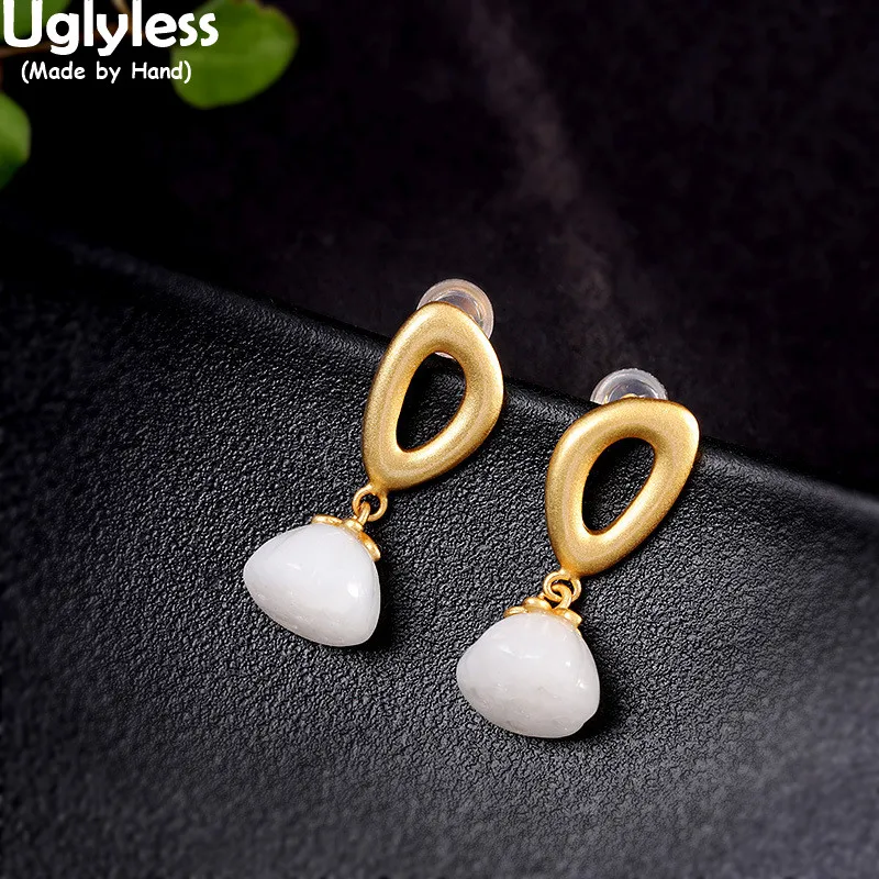 

Uglyless Hollow Gold Triangle Earrings for Women Natural Hetian Jade Lotus Dangle Earrings Real 925 Silver Fashion Jewelry Gems