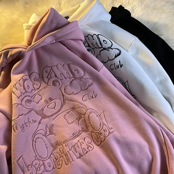 

Embroidered Cartoon Bear Women's Hoodie 2021 New Cute Loose Coat Casual Plush Warm Sweatshirt Cotton Pullover Kawaii Clothes