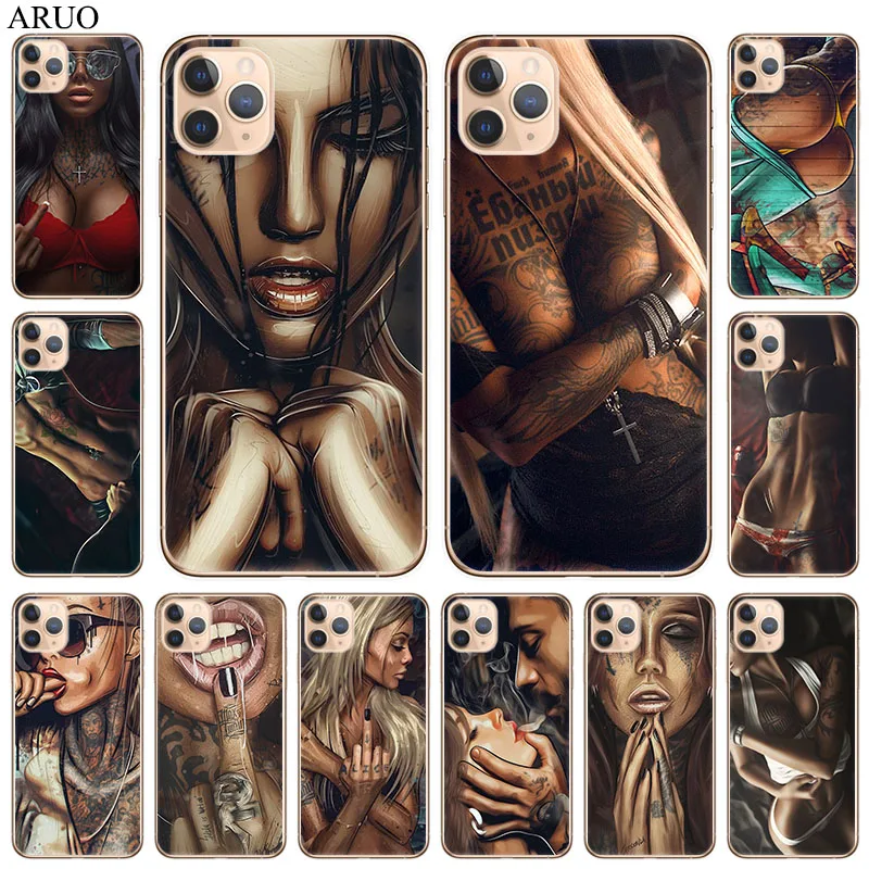 

Sleeve Tattoo Sexy Girl Soft TPU Silicone Phone Case For iPhone 13 12 11 Pro XS Max 7 8 Plus 13mini SE2020 X XR Fashion Cover