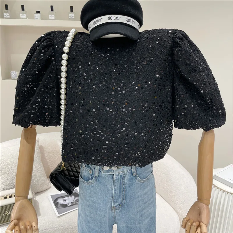 

NewWomen's clothing Spring Summer 2021 New Sequin round neck short sleeve T-shirt loose bubble sleeves short sparkling top
