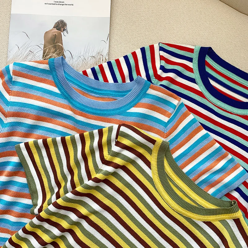 

striped women t shirts knitted short casual pullover female summer elastic soft tshirt o-neck stylish ladies tshirts