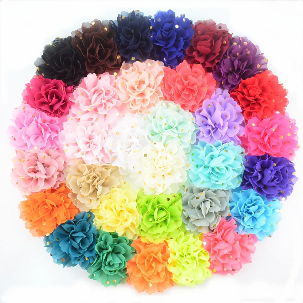

DHK 32color options 32pcs/lot Chiffon Flower Gold Polka Dot Children's Head Flower Accessories headwear hairbow 10cm S1204