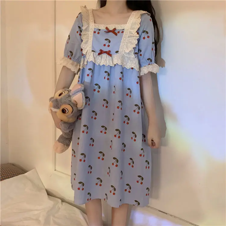 Long Ins Pajamas Women's Summer Short Sleeve Nightdress 2021 New Princess Wind Sweet Lovely Girl Home Dress Comfortable