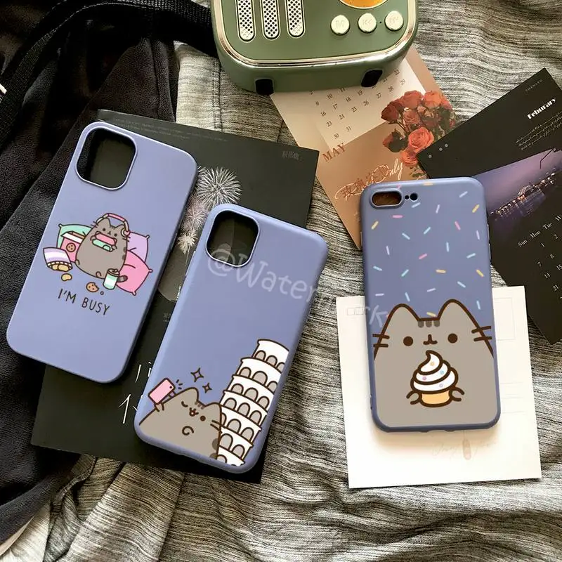 

Cute Pusheens Cat Phone Case For IPhone 8 7 6s 6 Plus X Xr Xs 12 11 Pro Max Dark Blue Candy Colors Cover