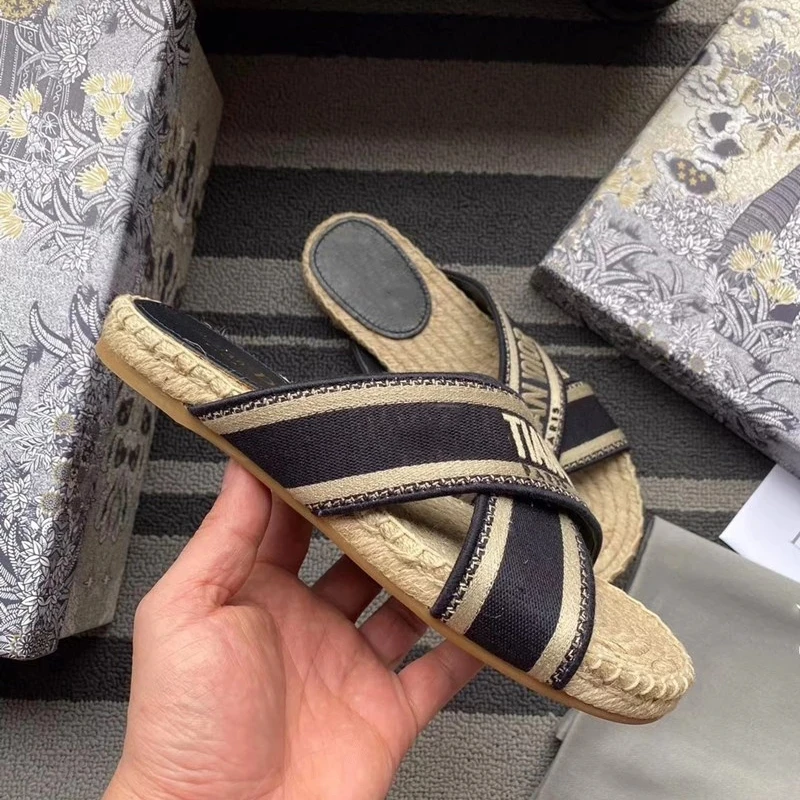 

Summer Breathable Embroider Letter Alphabet Open Toe Flats Shoes Espadrilles Loafers Girl Canvas Fisherman Beach Flip Flops