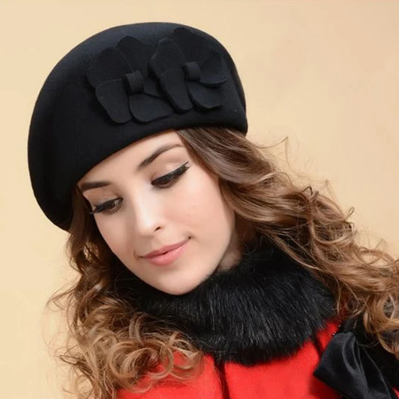 

Fashion Women Elegant Beret Hat For Women Beanie Female Cap Flower French Trilby Wool Soft Stewardess Hat gorras planas