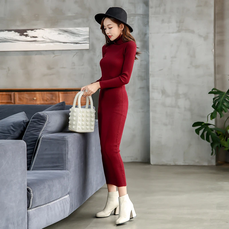 

RICORIT Noble Party Dress Women Knitted Turtleneck Maxi Dresses Winter Slim Office Ladies Work Wear Knitting Clothing Vestidos