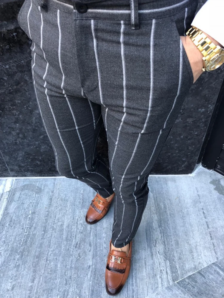 Роскошные мужские формальные полосатые брюки Slim Fit повседневные деловые офисные длинные брюки Умные повседневные узкие брюки новинка осень зима