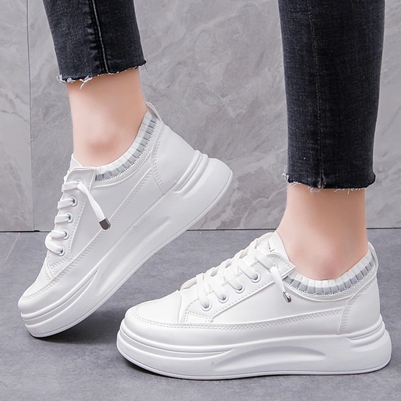 

Women Shoes White Shoes Featured Sock Mouth Thick Bottom Female Solid Color PU Student Sports Casual Shoes Lace-up Women Shoes