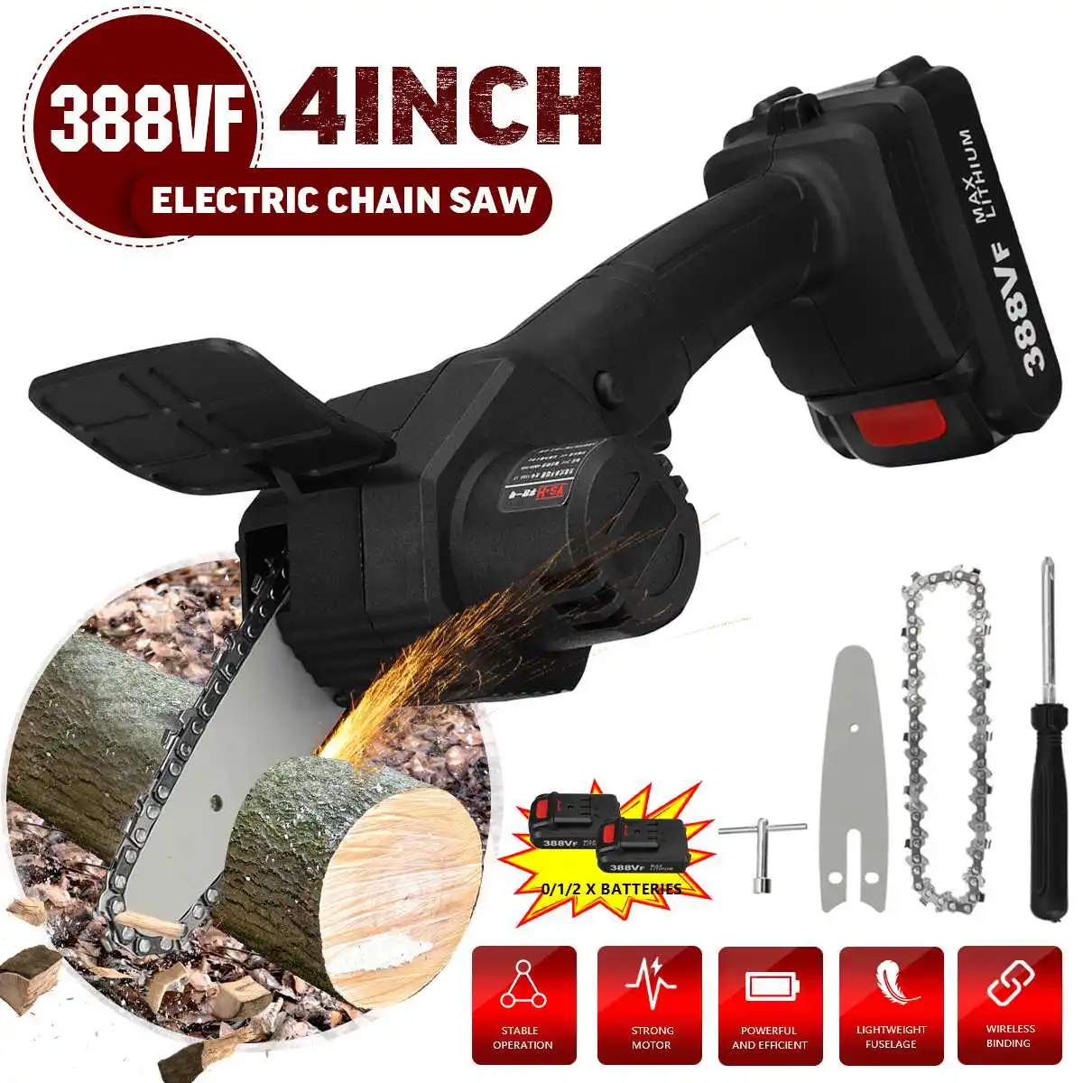 

4 Inch 388VF Mini Electric Chain Saw With 1/2 Battery Woodworking Pruning One-handed Garden Tool Rechargeable EU Plug