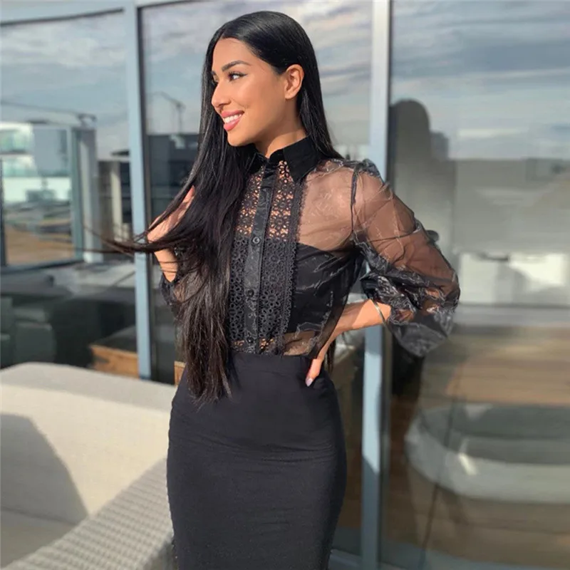 Осенняя шикарная Просвечивающая женская блуза с пышными рукавами в сеточку