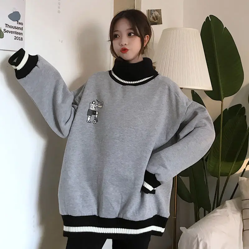 

Winter Turtleneck Pullovers Women Oversize Sweatshirt Korean Style Teens Harajuku Loose Warm Fleece Hoodie