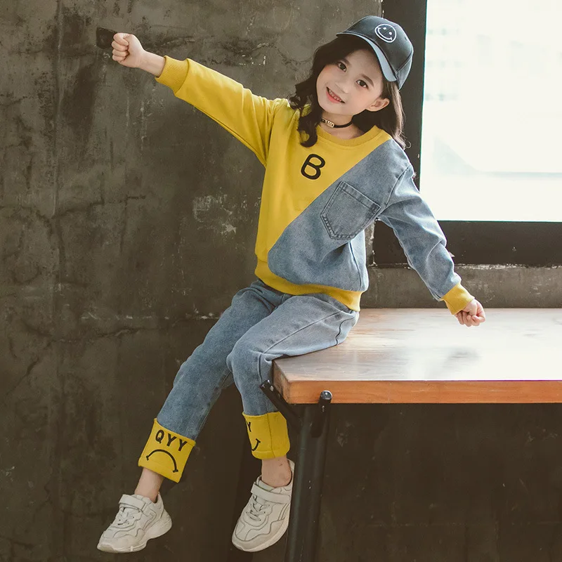 

2 Pcs Girls Clothes Set Spring Autumn Children Denim Patchwork Sport Suits Long Sleeve Girls Tracksuit Kids Clothing Sets 4-14Y