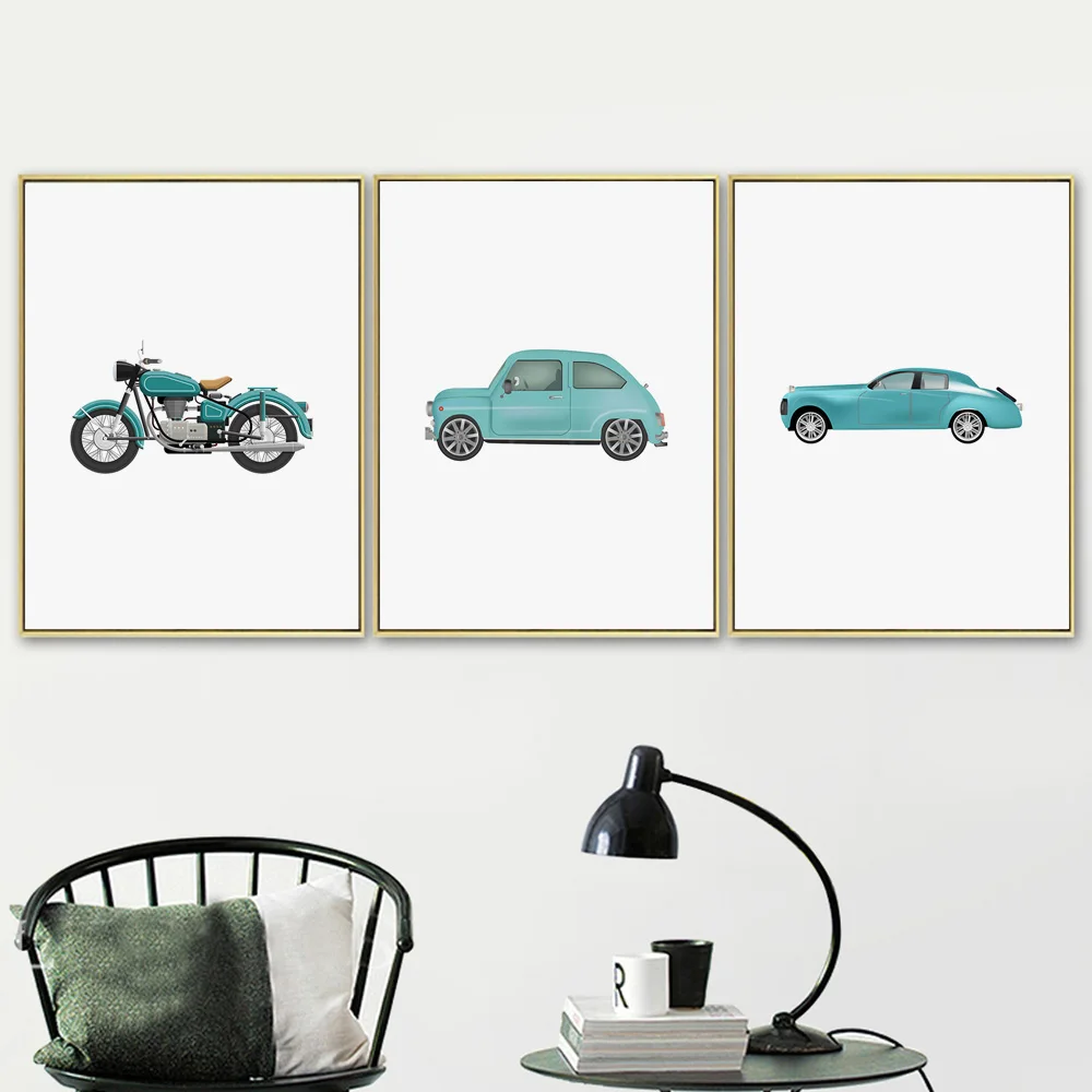 

Blauwe Retro Auto Motorfiets Foto Nordic Art Decor Poster Kwaliteit Canvas Schilderij Home Decor Living Kinderkamer Muur Decor