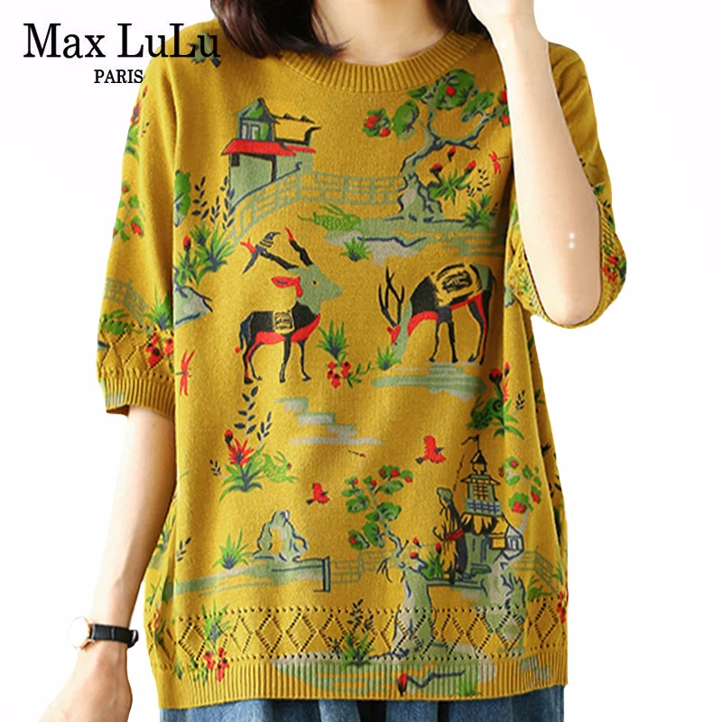 Max LuLu 2020 New Summer Korean Fahion Style Ladies Vintage Clothes Womens Printed Short Sleeve Sweaters Casual Loose Pullovers | Женская