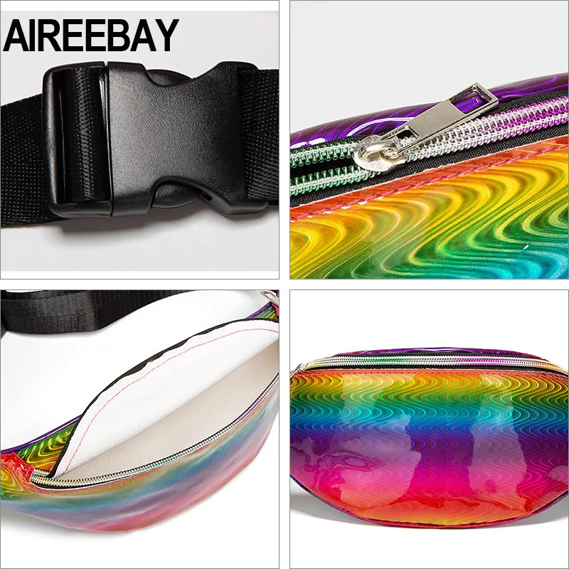 

AIREEBAY Laser Fanny Pack For Women Rainbow PU Leather Waist Bag Punk Bum Bag Chic Hologram Purse Fashion Waist Pack