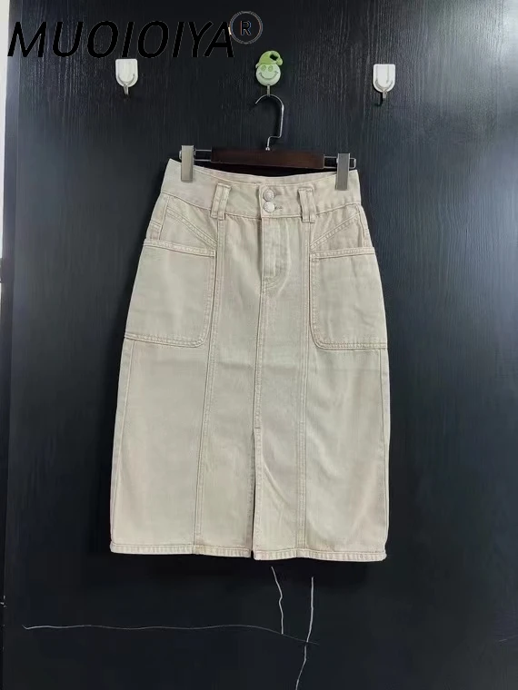 

Женская джинсовая юбка миди с высокой талией, Осень-зима 2021, юбки средней длины с разрезом спереди и карманами