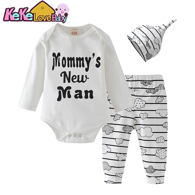 Newborn Baby Boy Clothes set Cotton Letter Mommy's New Man Bodysuit Tops Pants Hat Cloud 3PCS Outfits Infant Boys Clothing Sets