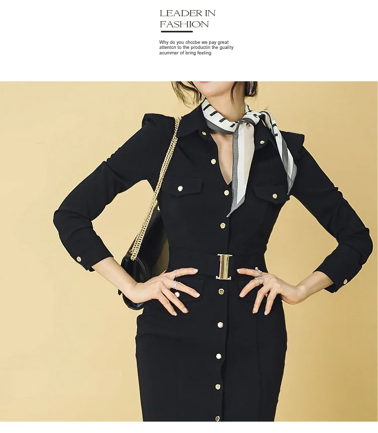 

Spring New Full Sleeve Vintage Black Vestidos Women Bodycon Sexy Slim Office Work Cloth Belt Knee-Length Retro Shirt Dress