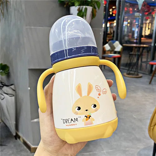 330ml Baby Feeding Cup with nipple Stainless Steel Insulated hot water Bottle leak-poof thermal Cup Milk Thermos for Children - Color: YELLOW