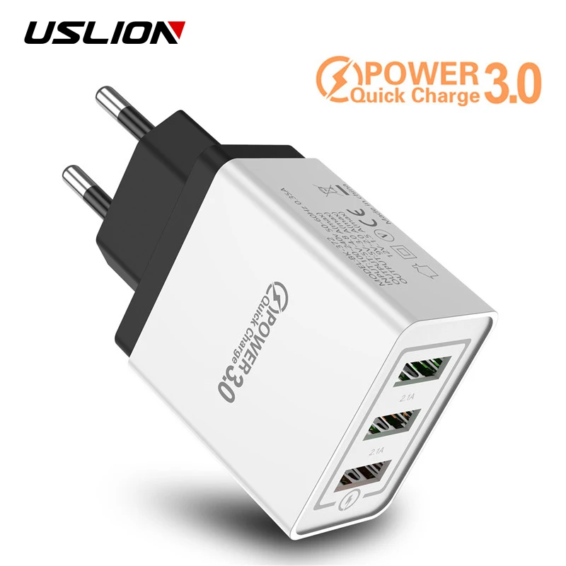 USLION 3 Ports USB Charger Quick charge 3.0 for iPhone X S 8 7 6 EU&US Plug Fast Wall Charger Charging For Samsung Xiaomi Huawei