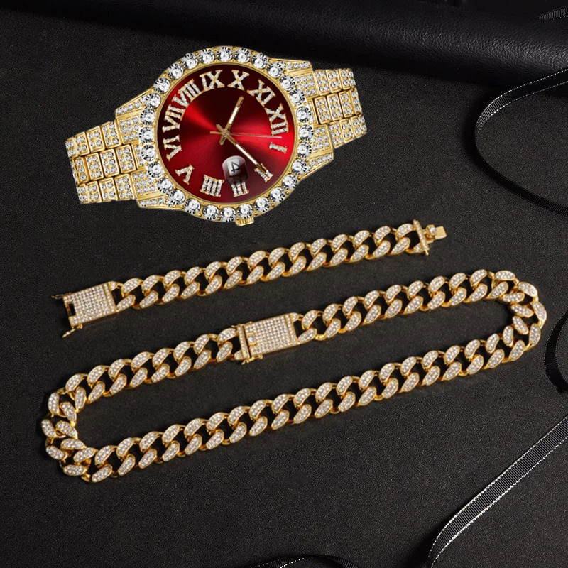 Полный льдом часы Bling Майами КУБИНСКИЙ звено цепи Стразы ожерелье и браслет