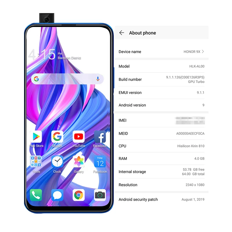 Honor 9X Global rom, 4 ГБ, 64 ГБ, 128 ГБ, 48 МП, две камеры, GPU Kirin 810, четыре ядра, 6,59 дюймов, FHD, полный экран, мобильный телефон, смартфон