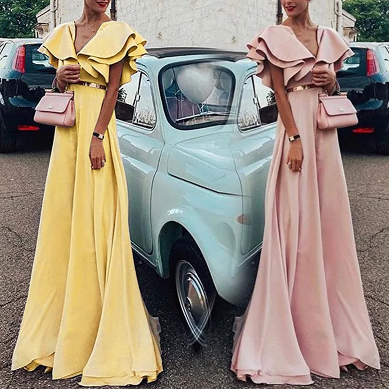 

Linglewei New Spring and Summer Women's Dress deep V Ruffle side sleeve dress