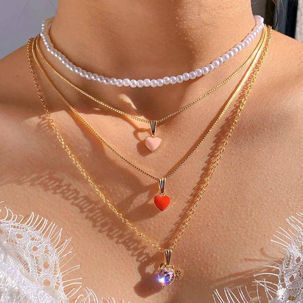 

Flatfoosie New Multilayer Crystal Heart Pearl Chain Necklaces for Women Trendy Enamel Heart Pendant Choker Necklace 2022 Jewelry