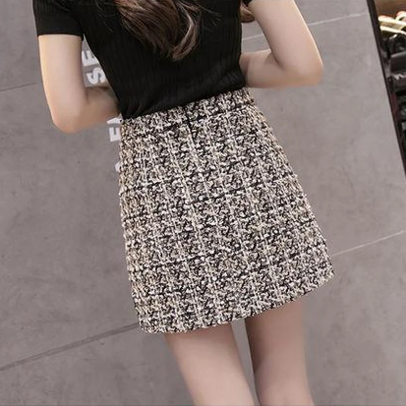 Осенне зимняя шерстяная мини юбка 2019 Женская винтажная клетчатая золотистая