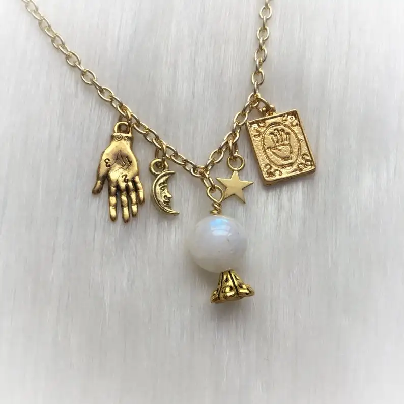 gold plated Натуральный лунный камень колье хрустальный шар с шармами палмистри, луна и звезды, Wicca, ведьма, Паган, цыганка, магия, гадюка - Окраска металла: gold plated