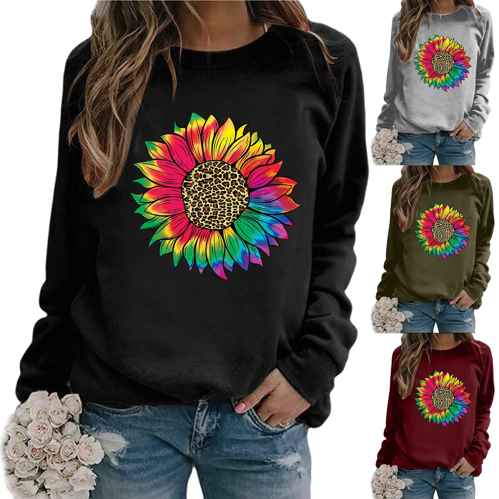 

Women Fashion Casual Loose Round Neck Long Sleeve Sunflower Print Top Blouse T-shirt Solid Color Daily Girls All-match T-Shirt